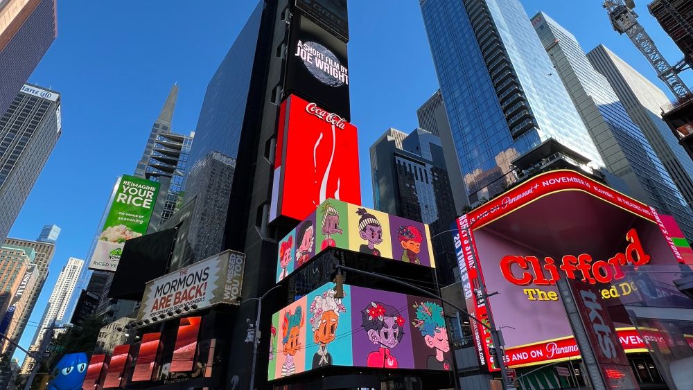 NFT art shown in Times Square, New York.