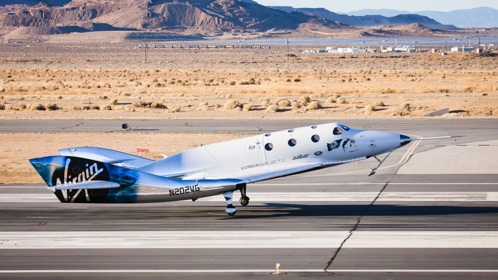 Virgin Spaceship Unity (VSS Unity) touches down after flying freely for the first time after being released from Virgin Mothership Eve (VMS Eve) on 3rd, December 2016 in the Mojave Desert. Image credit: Virgin Galactic.