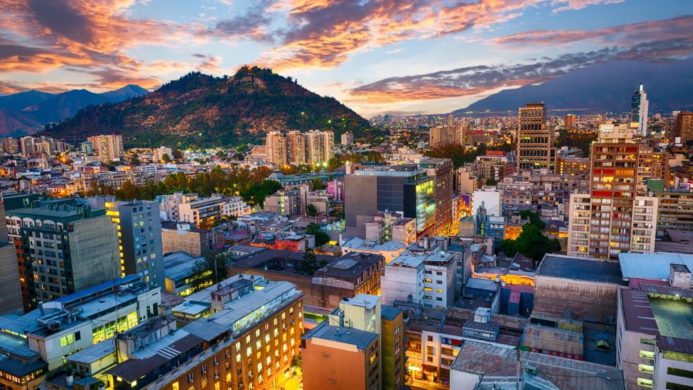 Downtown Santiago, Chile after sunset. Editorial credit:  Filip Fuxa / Shutterstock.com