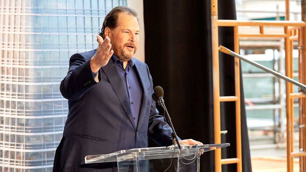 Salesforce CEO Marc Benioff speaks on April 6 in San Francisco, to celebrate the milestone “Topping Off” of Salesforce Tower San Francisco. Courtesy of Salesforce.