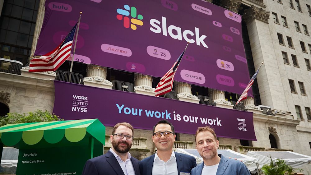Slack's leadership team outside the New York Stock Exchange after the company went public in 2019. Image courtesy of Slack.