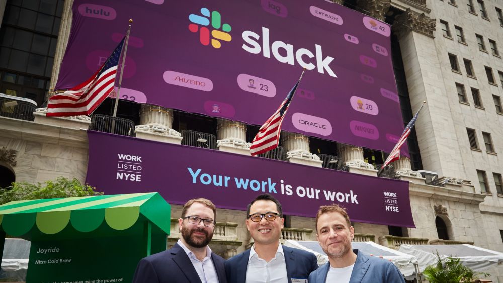 Slack's leadership team outside the New York Stock Exchange after the company went public in 2019. Image courtesy of Slack. 