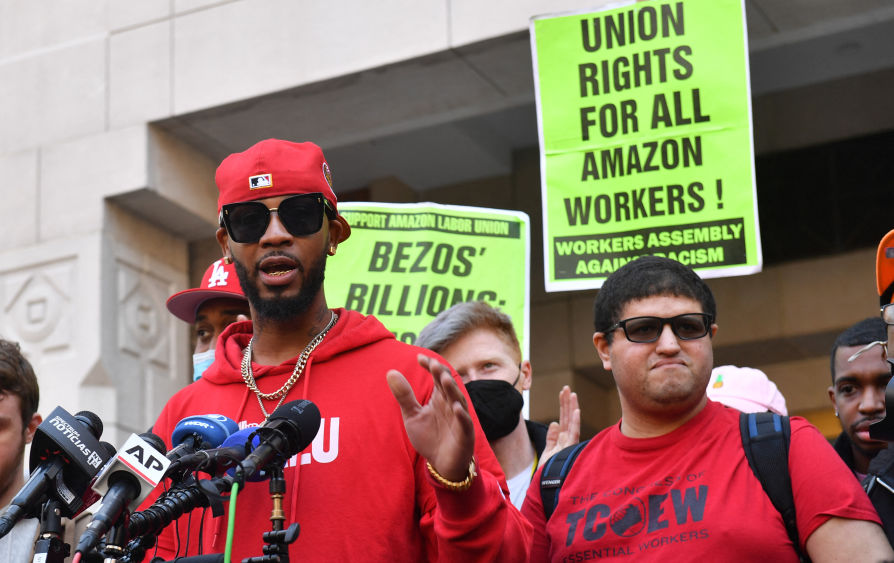 Union organizer Christian Smalls speaks following the April 1, 2022, vote for the unionization of the Amazon Staten Island warehouse in New York. The union reportedly faced "captive audience" meetings and other anti-union tactics from management. (Photo by Andrea RENAULT / AFP) (Photo by ANDREA RENAULT/AFP via Getty Images)
