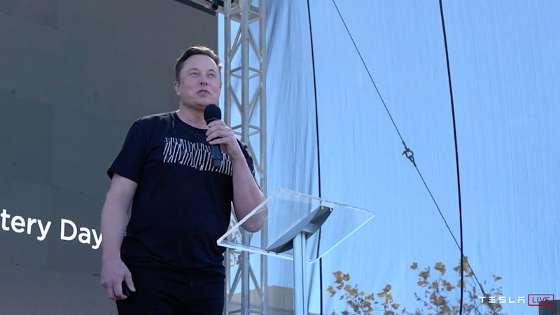 Elon Musk speaking on stage at Tesla's Battery Day