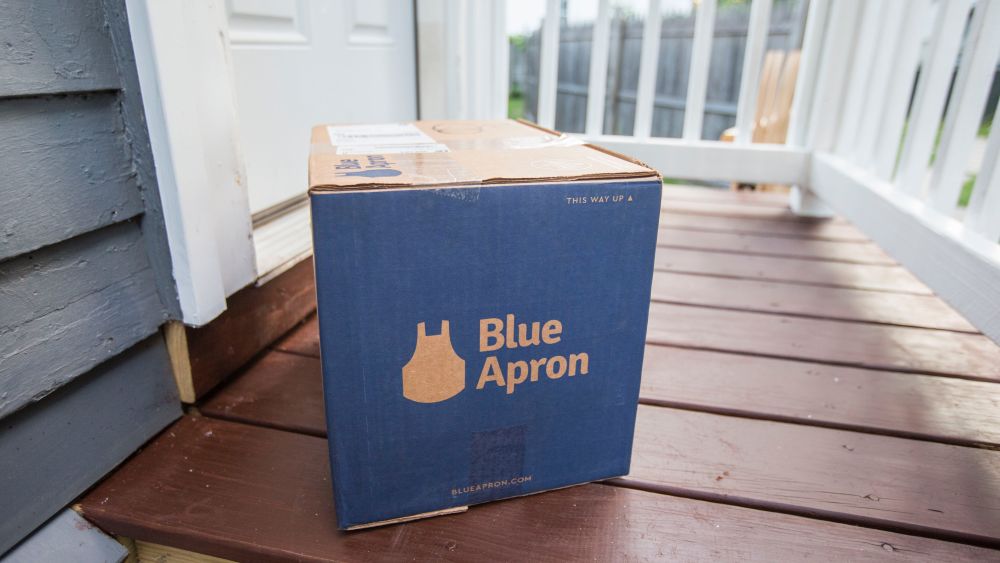 Blue Apron box sits on the porch of a house. (Photo by Scott Eisen/Getty Images)