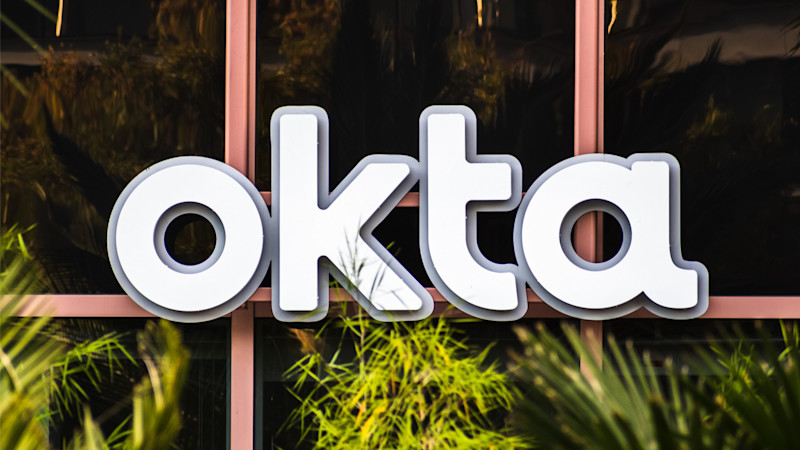 Close up of OKTA logo at their headquarters in SOMA district