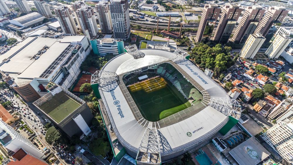 An overhead look at Allianz Parque in Sao Paulo, Brazil, where Palmeiras plays its home games. Editorial Credit: Mauricio Fernandes, Shutterstock.