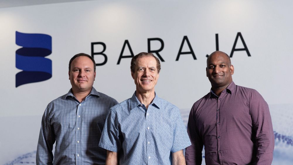 Craig Barratt (center) with Baraja's co-founders Federico Collarte (left) and Cibby Pulikkaseril (right). Image credit: Baraja.