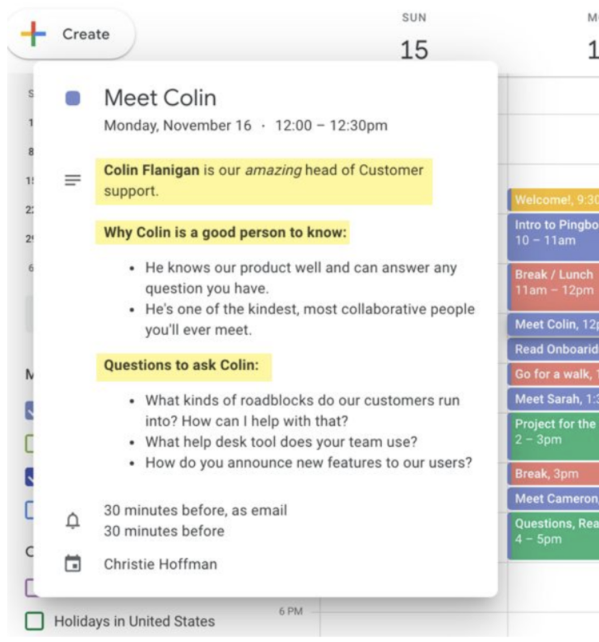 Google Calendar event to meet with Colin, including lots of meeting notes and questions