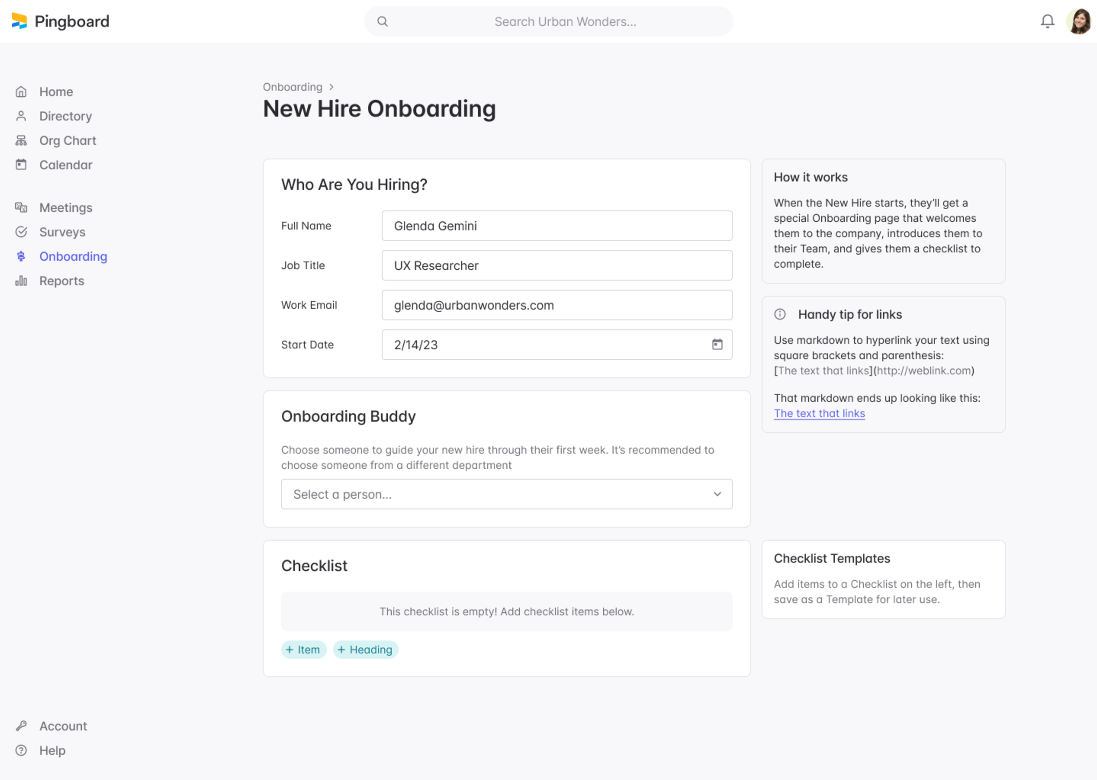 Onboarding Checklist Template Setup in Pingboard