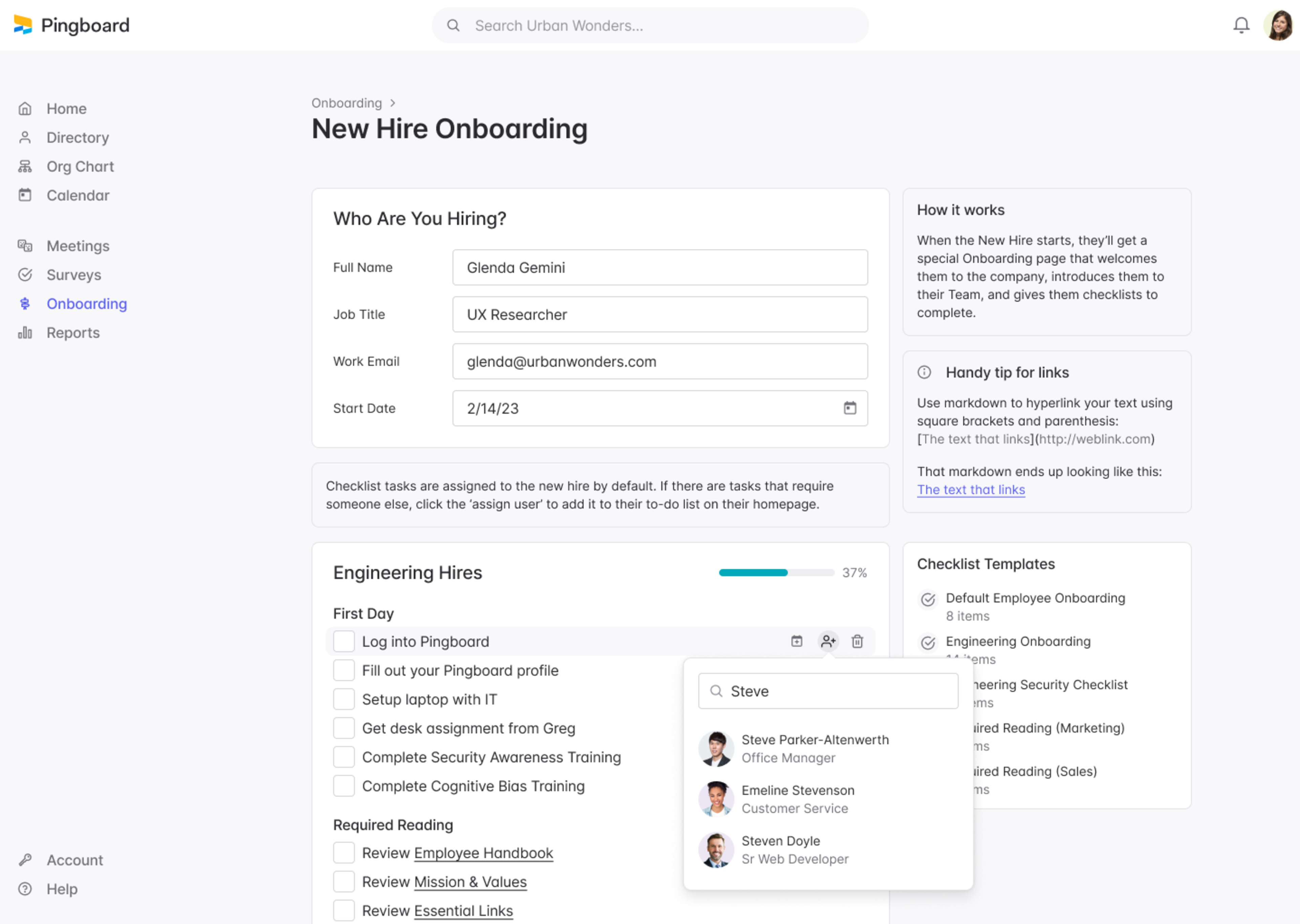 assigning onboarding to-dos