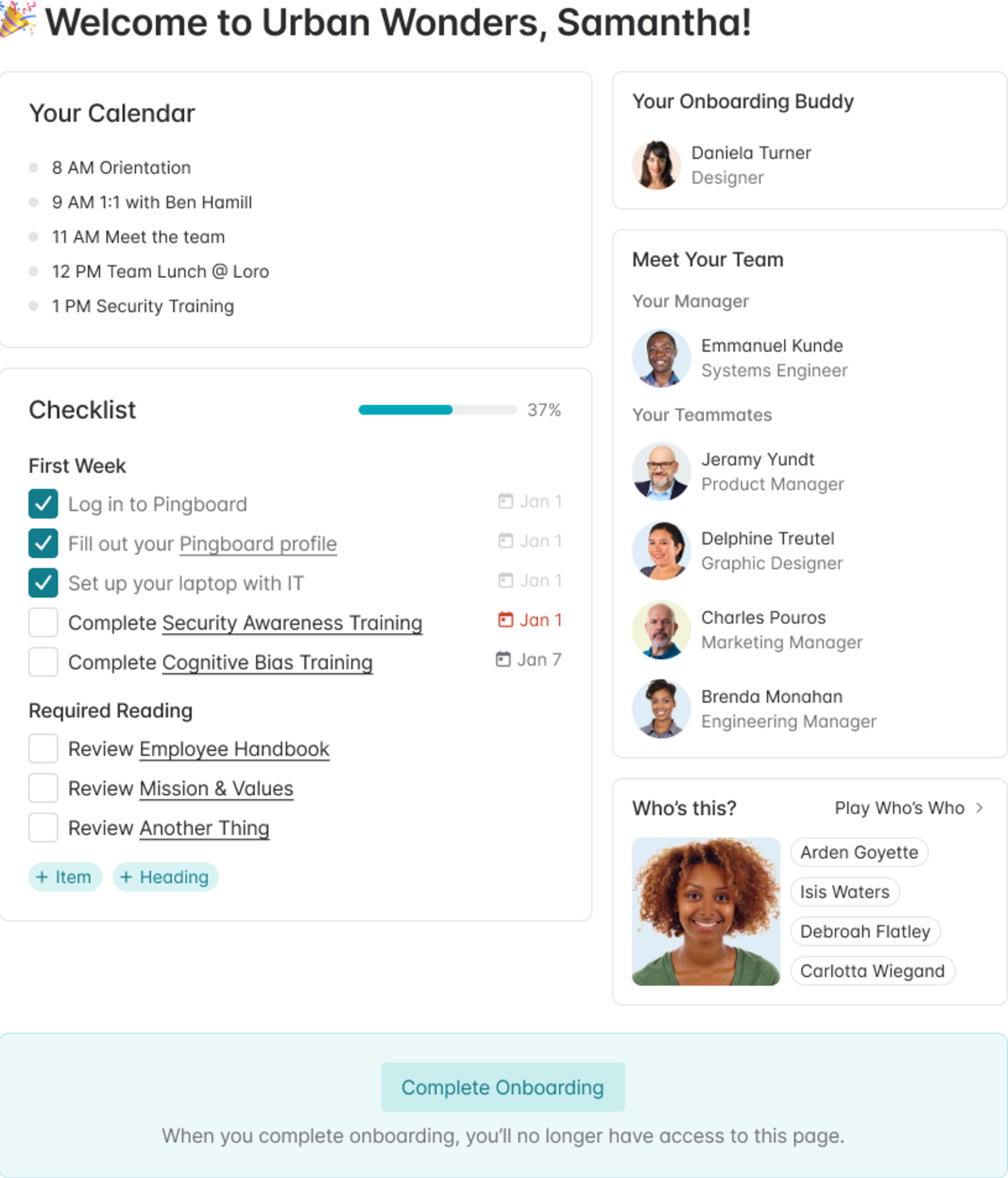 Pingboard Onboarding Checklist for new hires