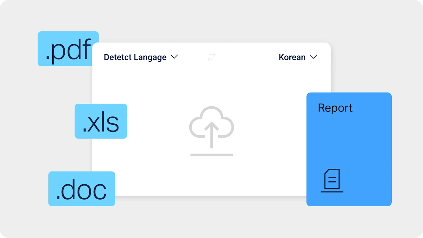 L’image montre une interface utilisateur permettant d’importer des fichiers, avec des icônes de type de fichier intitulées « .pdf », « .xls » et « .doc » sur le côté gauche. En haut, vous trouverez des menus déroulants intitulés « Detect Language » et « Korean ». Sur le côté droit se trouve une boîte bleue « Report » avec une icône de document.