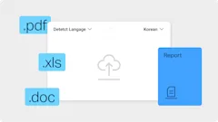 A imagem exibe uma interface de usuário para carregar arquivos, com ícones de tipo de arquivo rotulados como “.pdf”, “.xls” e “.doc” no lado esquerdo. Na parte superior, há menus suspensos rotulados em inglês como “Detect Language” e “Korean”. No lado direito, há uma caixa azul chamada “Report” com um ícone de documento.