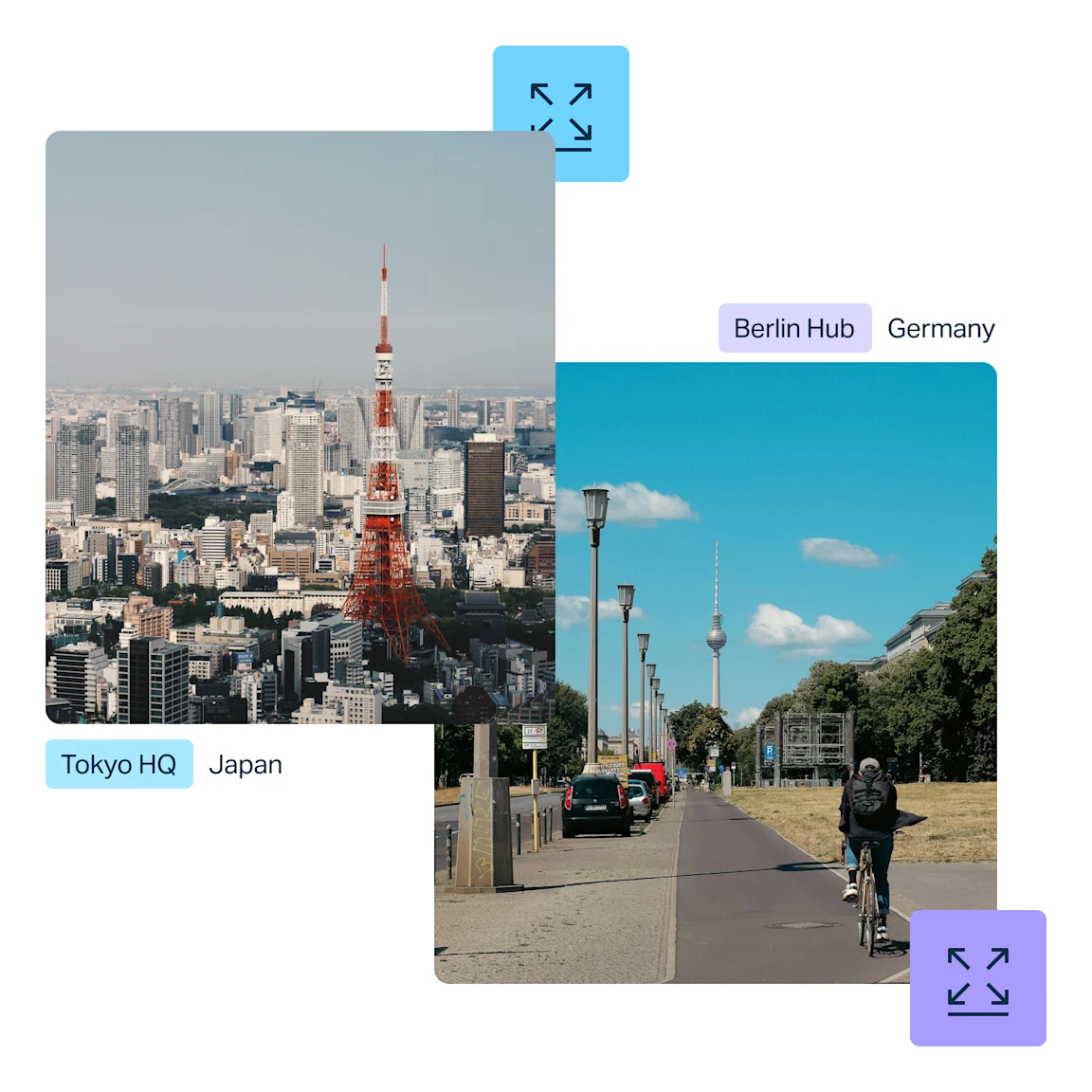 Images intitulées « Tokyo HQ, Japan » et « Berlin Hub, Germany » avec des icônes indiquant les options de développement.