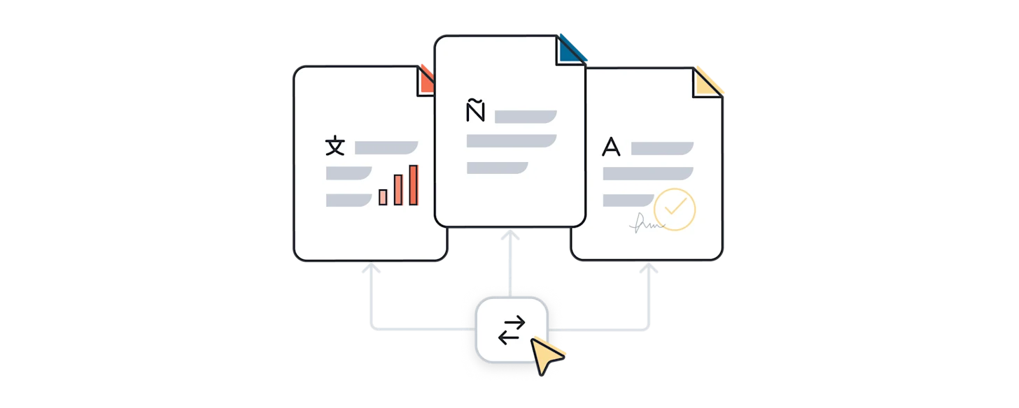 an illustration of a translated document showing various document formats
