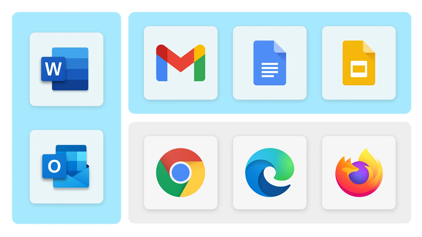 Symbole verschiedener wichtiger Produktivitätsanwendungen wie Microsoft Word, Gmail, Google Docs, Google Drive, Microsoft Outlook, Google Chrome, Microsoft Edge und Mozilla Firefox. Der Text darunter lautet: Nutzen Sie DeepL in gängigen Geschäftsanwendungen.