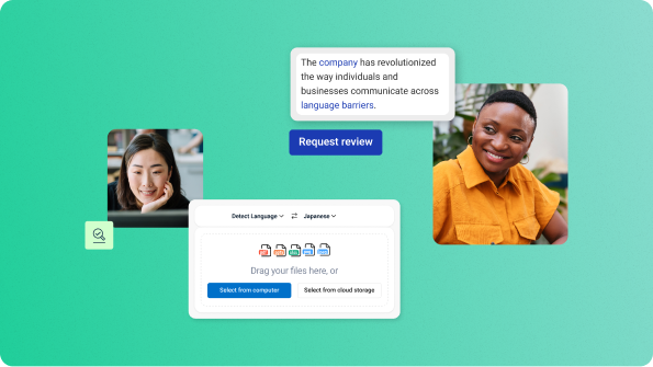 言語ワークフローの対極に位置する2人の女性が、Translation Flowを使用してファイルをアップロードし、レビューをリクエストしています。