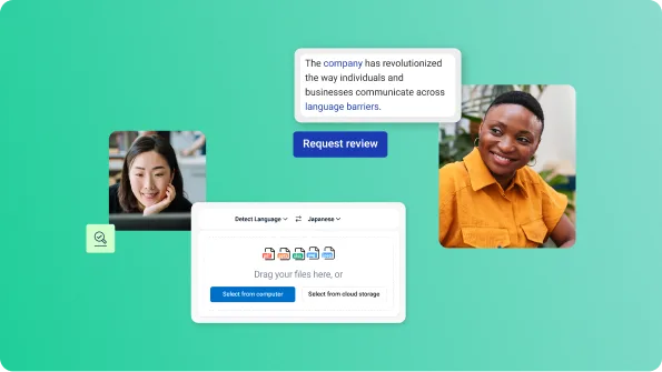 Deux femmes travaillant aux deux extrémités d’un processus linguistique utilisent Translation Flow pour importer des fichiers et demander une révision.
