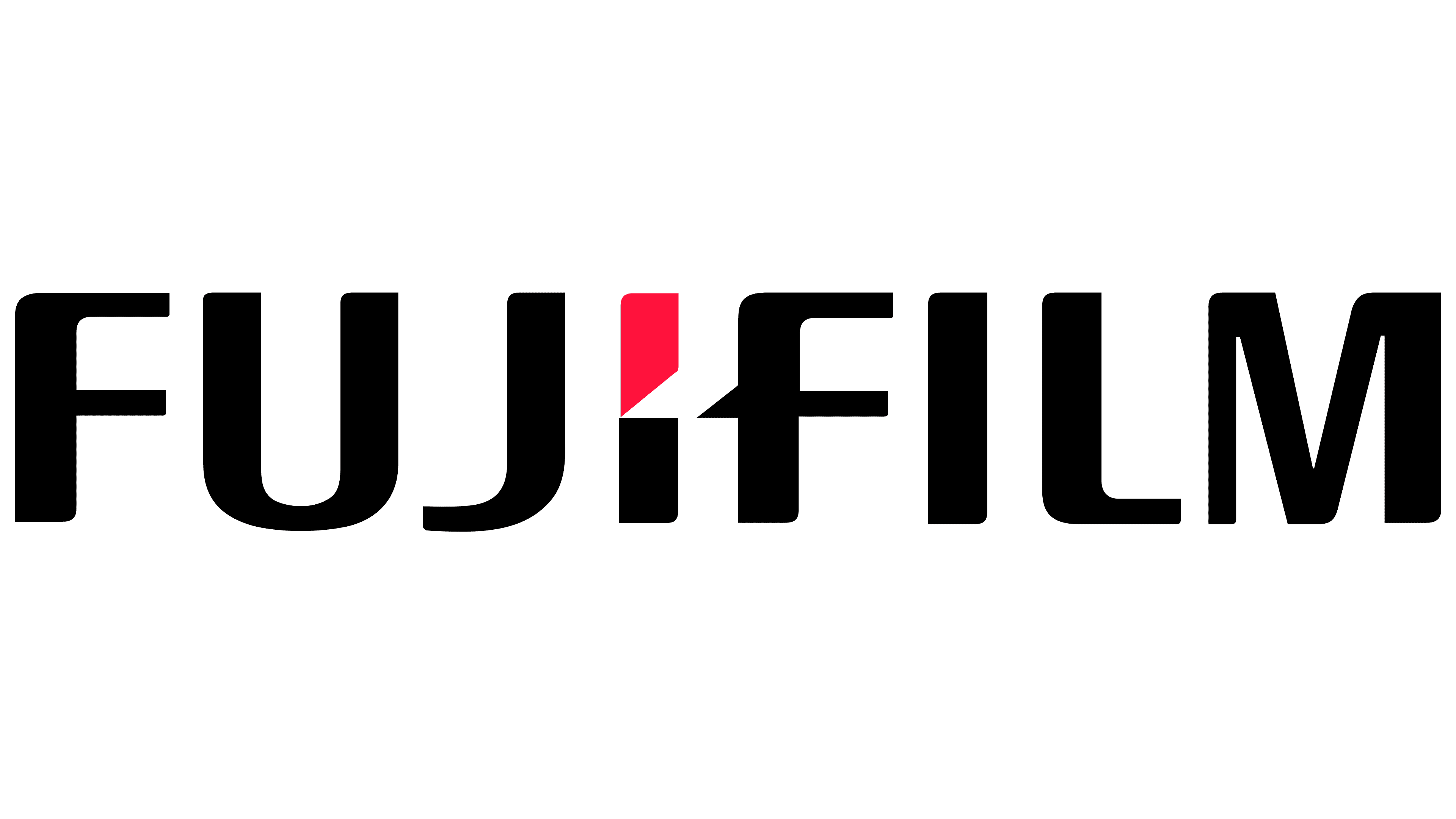 Logo for the company Fujifilm, featuring the company name in bold, black text with a small red graphic element above the "j".