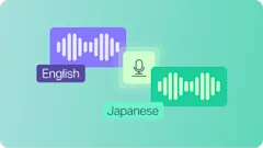 Obrázek znázorňující převod zvukových vln v angličtině prostřednictvím mikrofonu na zvukové vlny v japonštině pro demonstraci služby DeepL Voice for Conversations.