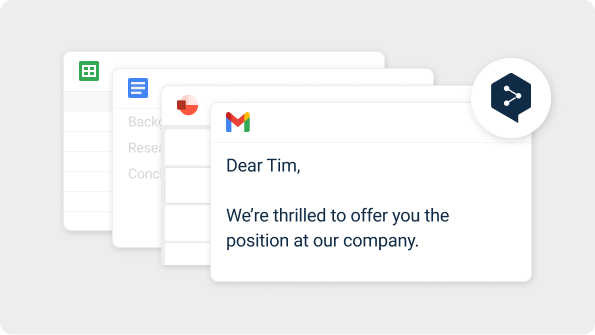 The image displays a stack of application icons, including a spreadsheet, a document, and an email. The email at the front reads, "Dear Tim, We're thrilled to offer you the position at our company." There is a dark blue circular icon with a network symbol in the top right corner of the stack.