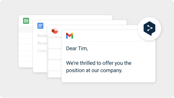 La imagen muestra una pila de iconos de aplicaciones entre los que se incluyen una hoja de cálculo, un documento y un correo electrónico. El email que se puede ver en la parte principal tiene un mensaje en inglés: «Dear Tim, We're thrilled to offer you the position at our company». Hay un icono circular azul oscuro con un símbolo de red en la esquina superior derecha de la pila.