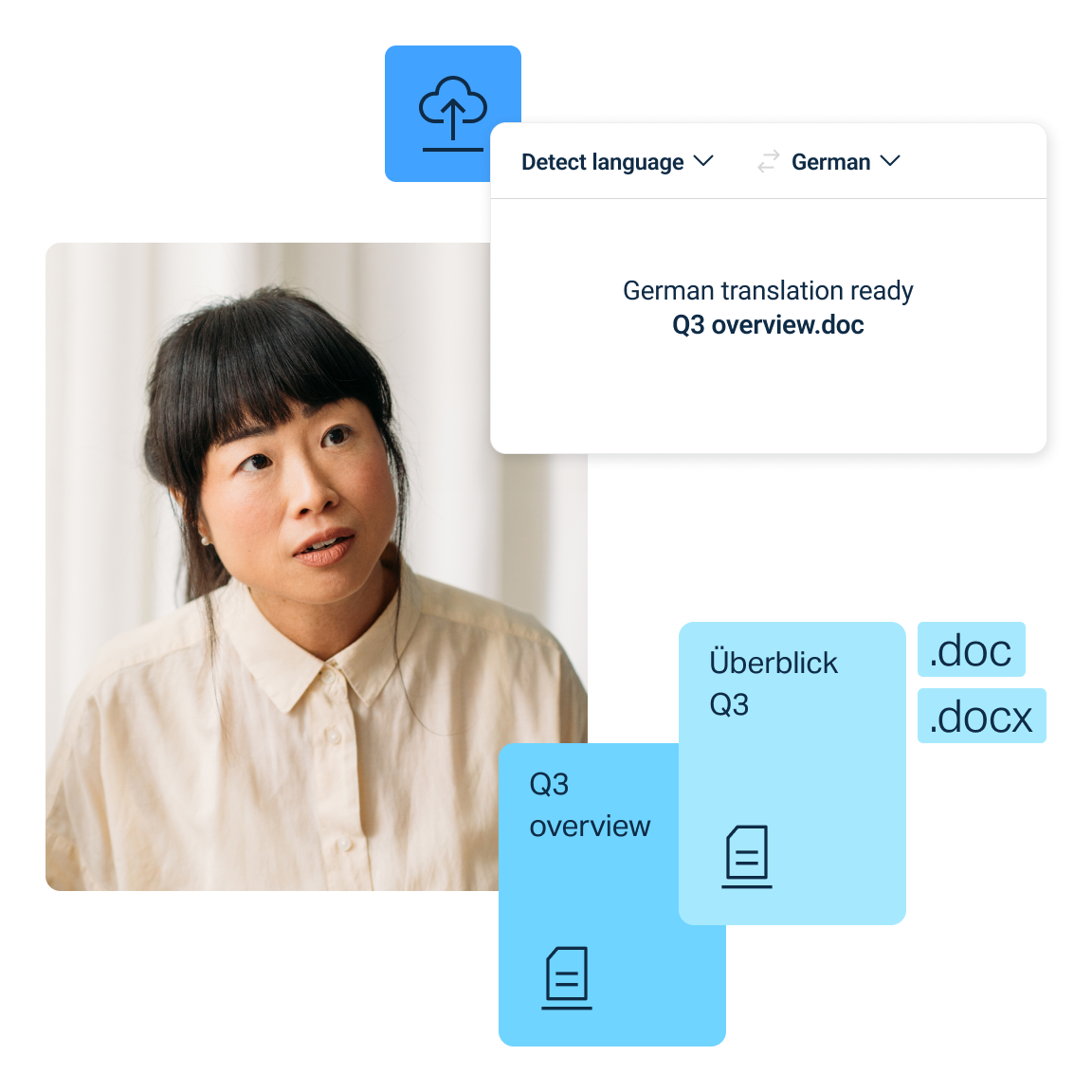 Illustration of three Word documents and language selector with blue hexagon behind