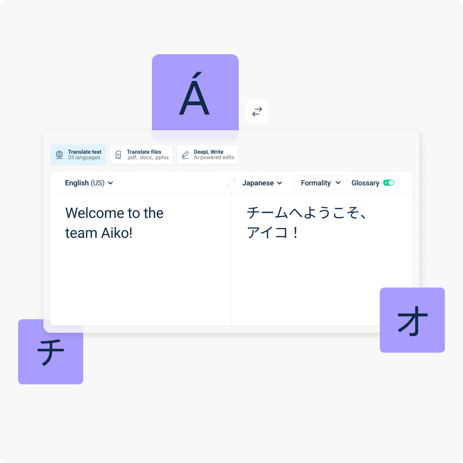 Een gebruikersinterface toont een vertaaltool met Engelse tekst aan de linkerkant en Japanse tekst aan de rechterkant. De Engelse tekst luidt “Welcome to the team, Aiko!”. De Japanse vertaling wordt ernaast weergegeven. Daarboven staat een vervolgkeuzemenu met taalopties waarin “English (US)” en “Japanese” geselecteerd zijn. Rondom de vertaaltool staan symbolen met verschillende tekens.