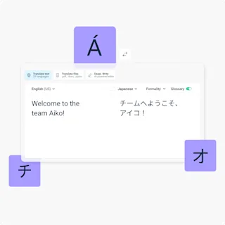 Uma interface mostra uma ferramenta de tradução com texto em inglês à esquerda e texto em japonês à direita. O texto em inglês diz “Welcome to the team Aiko!” (Bem-vinda à equipe, Aiko!) e a tradução em japonês é exibida ao lado. A parte de cima da interface mostra as opções de idioma com “inglês (EUA)” e “japonês” selecionados. Ao redor da ferramenta de tradução há ícones com vários caracteres e, abaixo da ferramenta, há botões para informações, desfazer, maximizar, cortar e excluir.