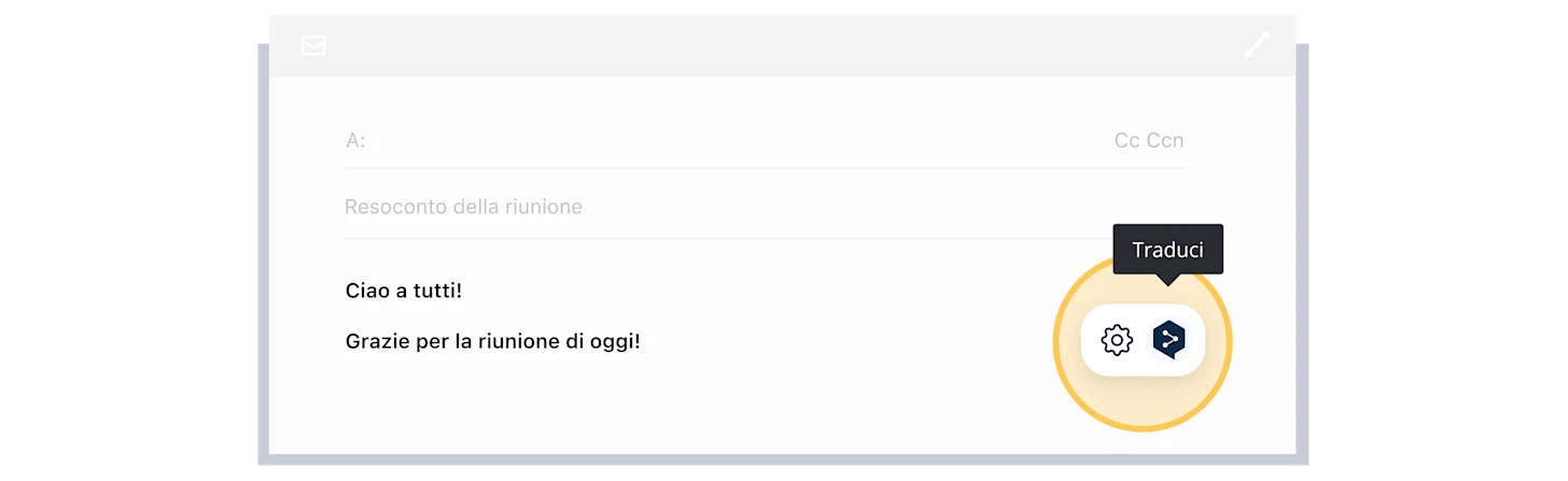 A sample email with the subject line "Hi team, thank you for a product meeting today!" to the right you can click on the translate icon to translate this email to a different language.
