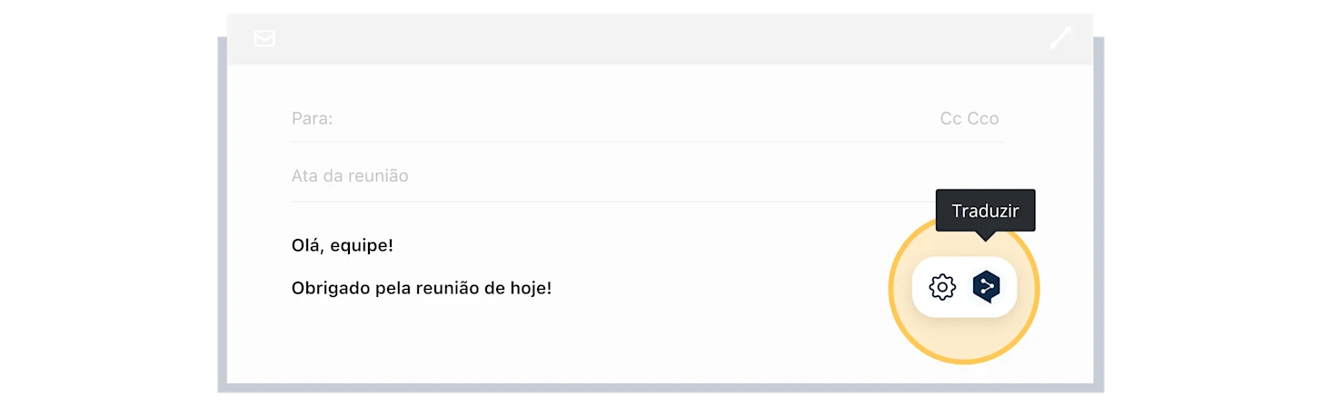 A sample email with the subject line "Hi team, thank you for a product meeting today!" to the right you can click on the translate icon to translate this email to a different language.