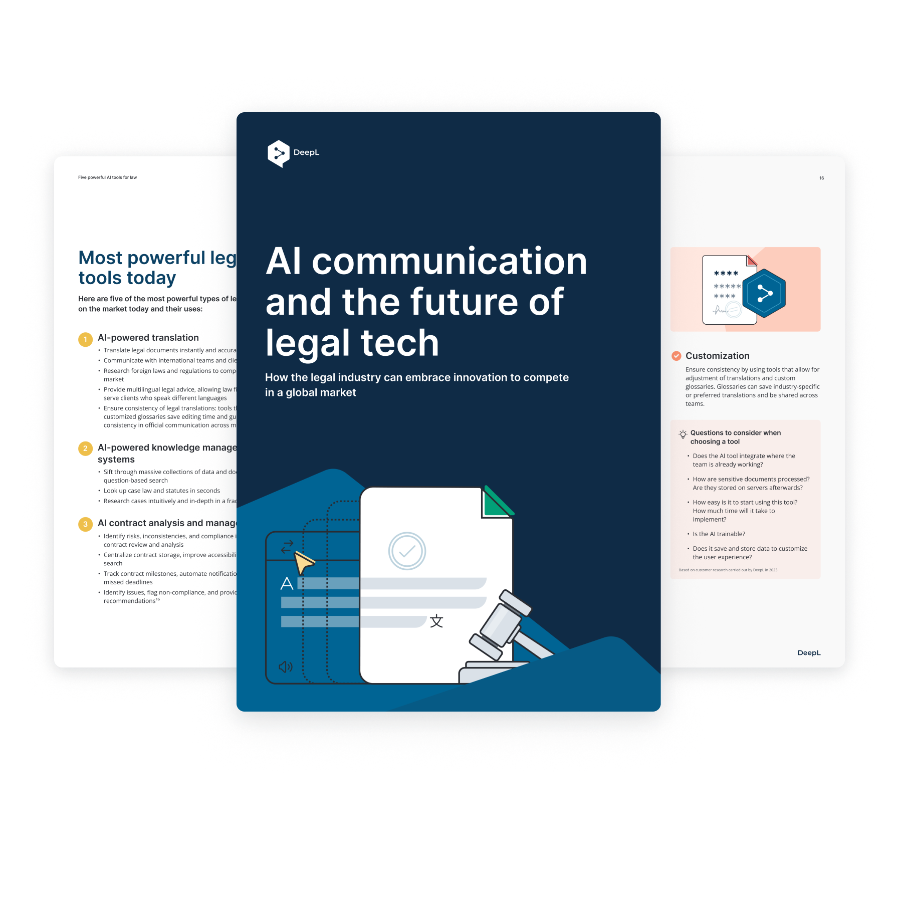 Cyfrowa broszura zatytułowana „AI communication and the future of legal tech” z podtytułem „How the legal industry can embrace innovation to compete in a global market”. Na okładce znajduje się ilustracja dokumentu z młotkiem sędziowskim. Broszura jest oznaczona logo DeepL. W tle znajdują się strony z tekstem i elementami graficznymi.