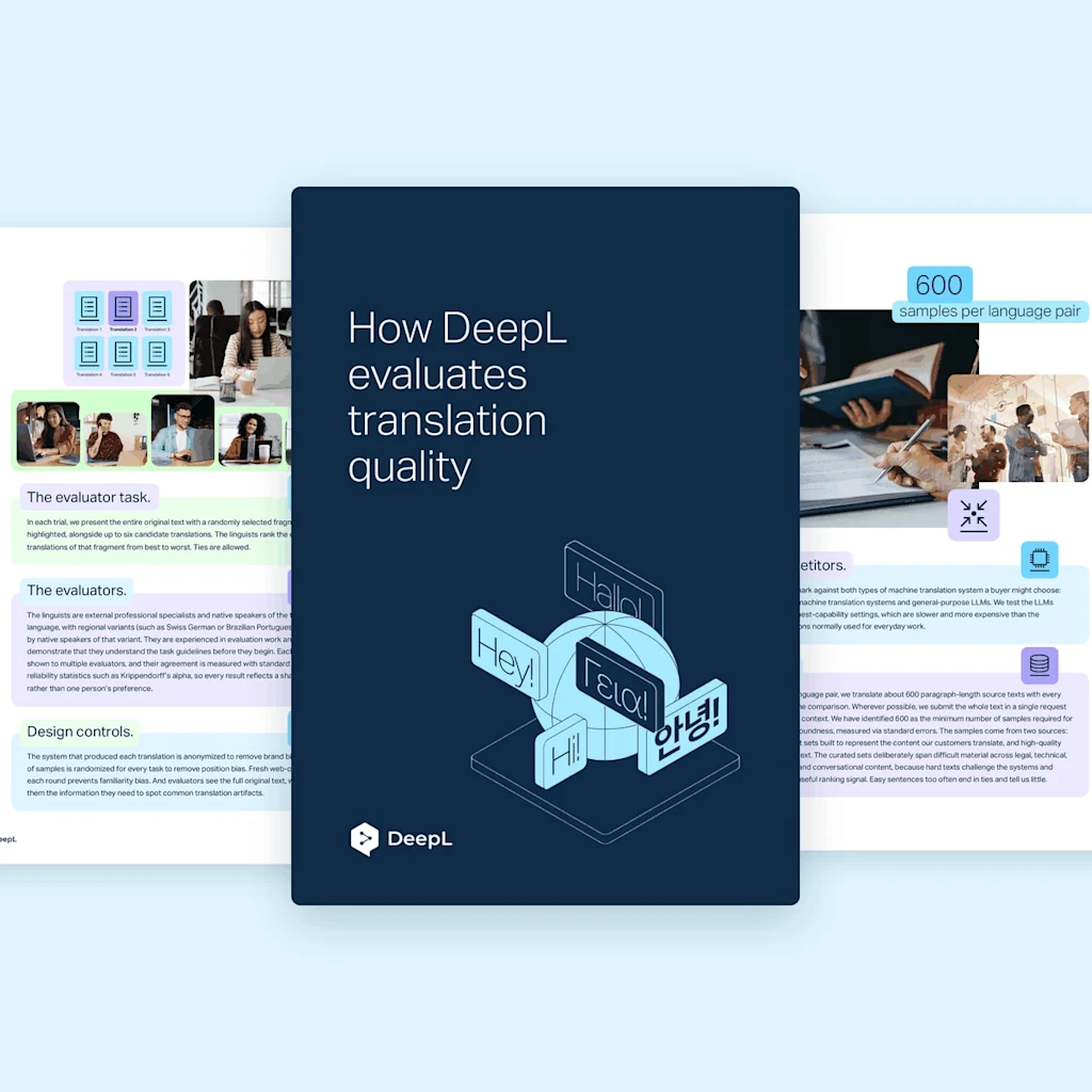 A whitepaper titled "How DeepL evaluates translation quality". The whitepaper is branded with the DeepL logo.