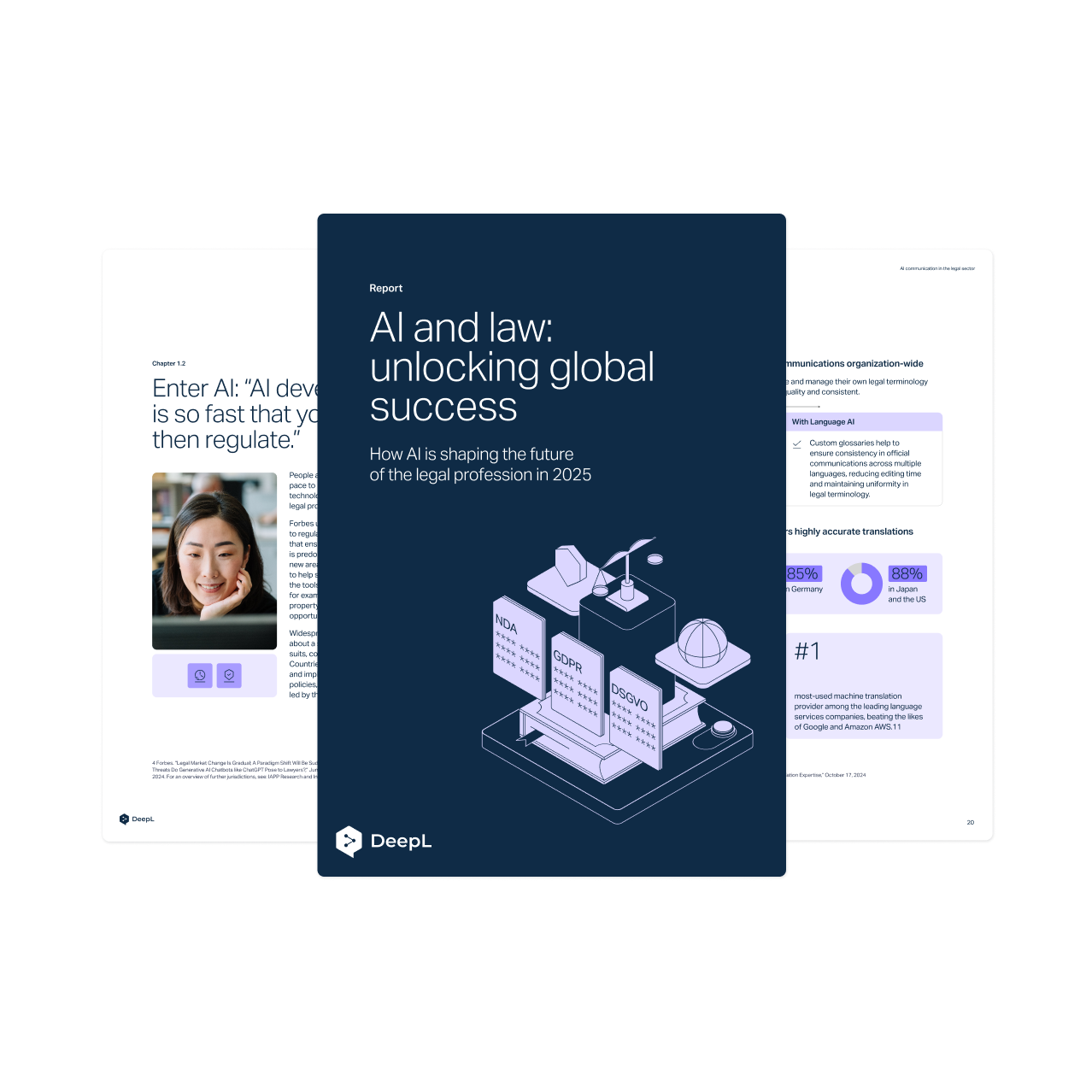 Een digitaal boekje met de titel "AI and law: unlocking global success" en de ondertitel "How Al is shaping the future
of the legal profession in 2025." Op de omslag staat een afbeelding van een document met de weegschaal van rechtvaardigheid. Het boekje is voorzien van het DeepL-logo. Op de achtergrond zijn pagina's met tekst en afbeeldingen te zien.