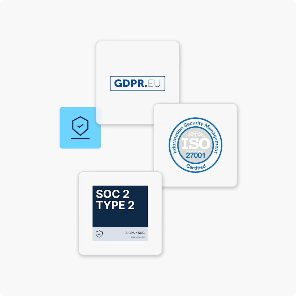 Certifications GDPR EU, ISO 27001 et SOC 2 Type 2, ainsi qu’une icône de bouclier bleu