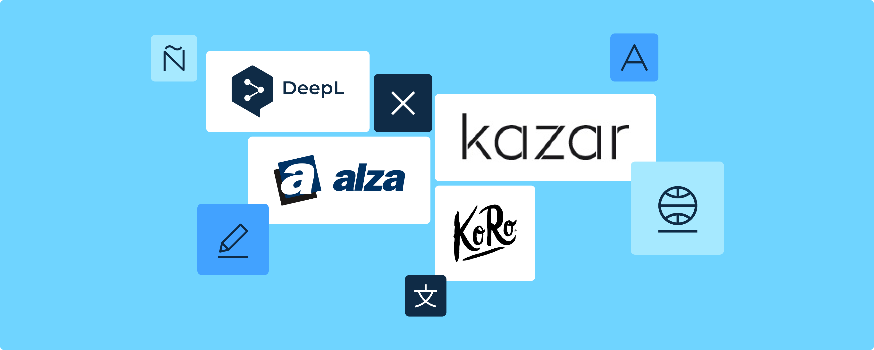 Logotipos do DeepL, Alza, Kazar e KoRo cercados por ícones