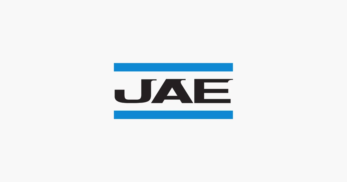 Customer Logo for JAE, two blue lines top and bottom with the letters JAE in black in the middle.