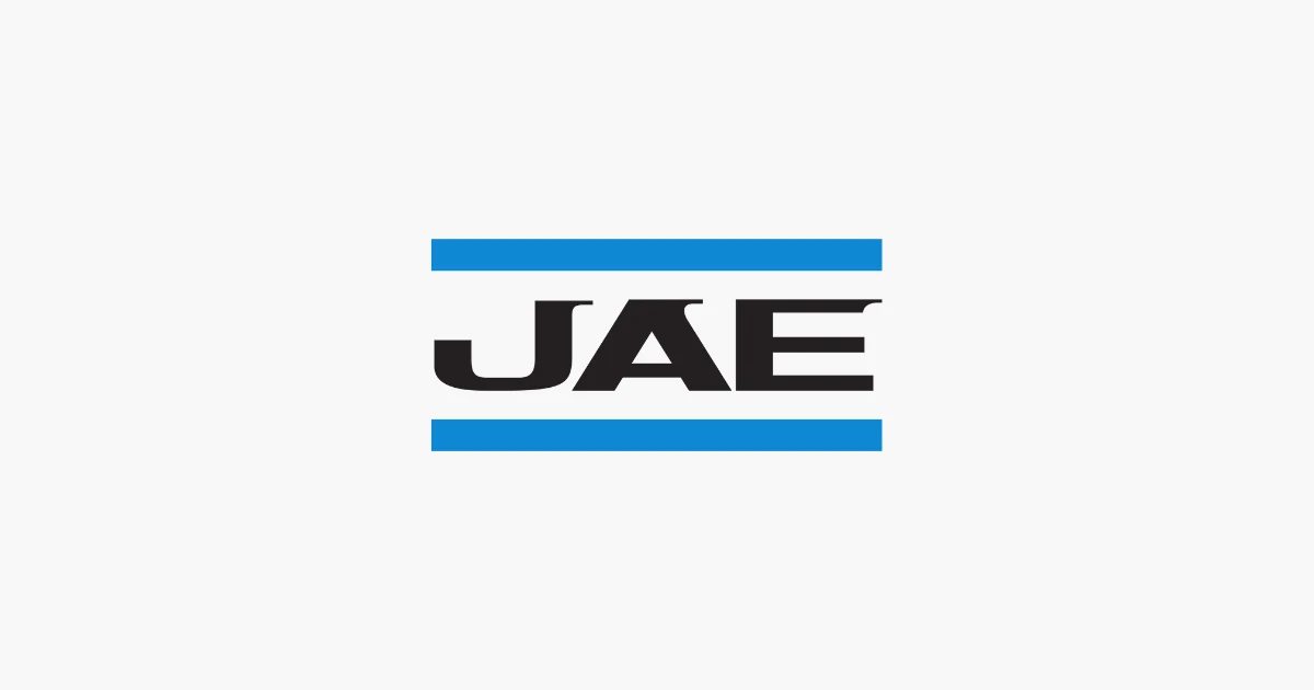 Customer Logo for JAE, two blue lines top and bottom with the letters JAE in black in the middle.