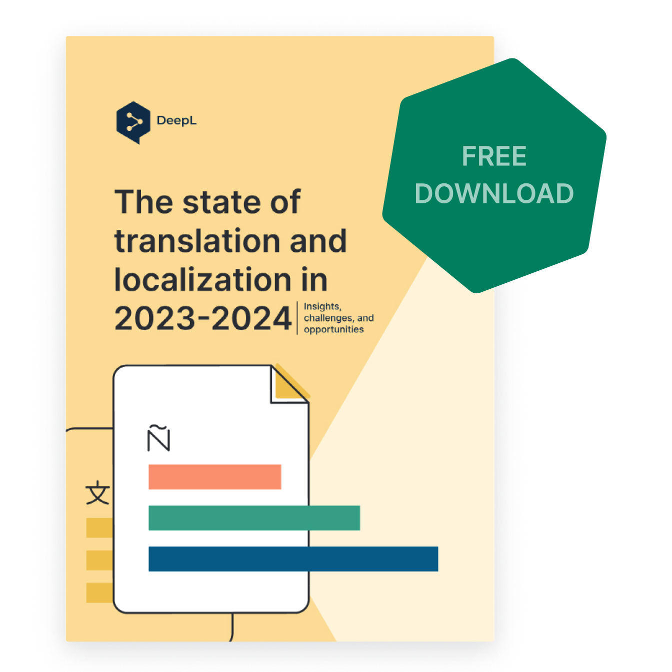 Illustration of localization report cover with green "free download" sticker
