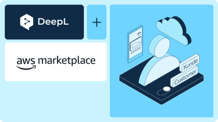 A 3D illustration of a cloud, a person, an the word "customer" in English and German with the DeepL logo, a plus sign and the AWS Marketplace logo.