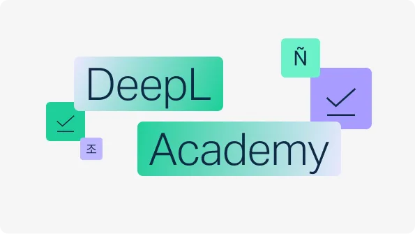 Des icônes représentant des coches, des caractères hangul, un « n » avec un tilde, ainsi que les mots « DeepL Academy ».