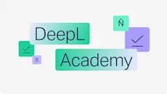 Ikony zaškrtnutí, znak písma hangul, písmeno „n“ s vlnovkou a nápis DeepL Academy.