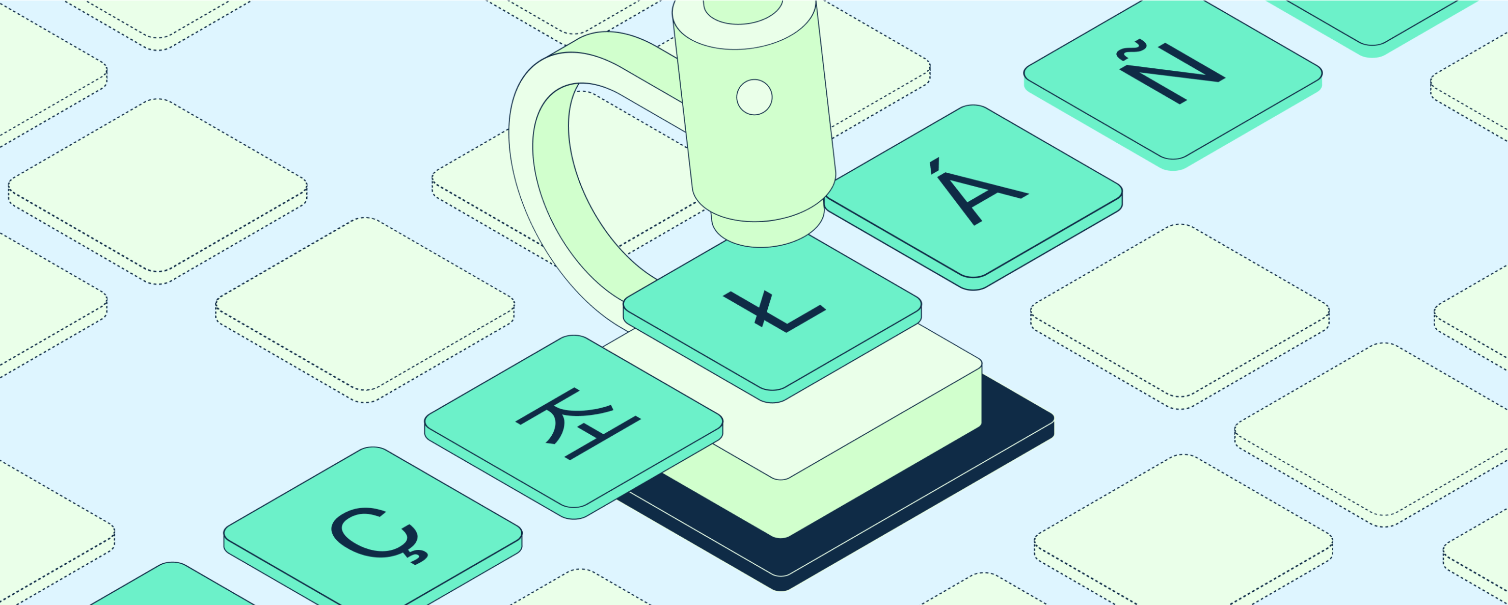 Magnifying glass zooming into a keyboard letter