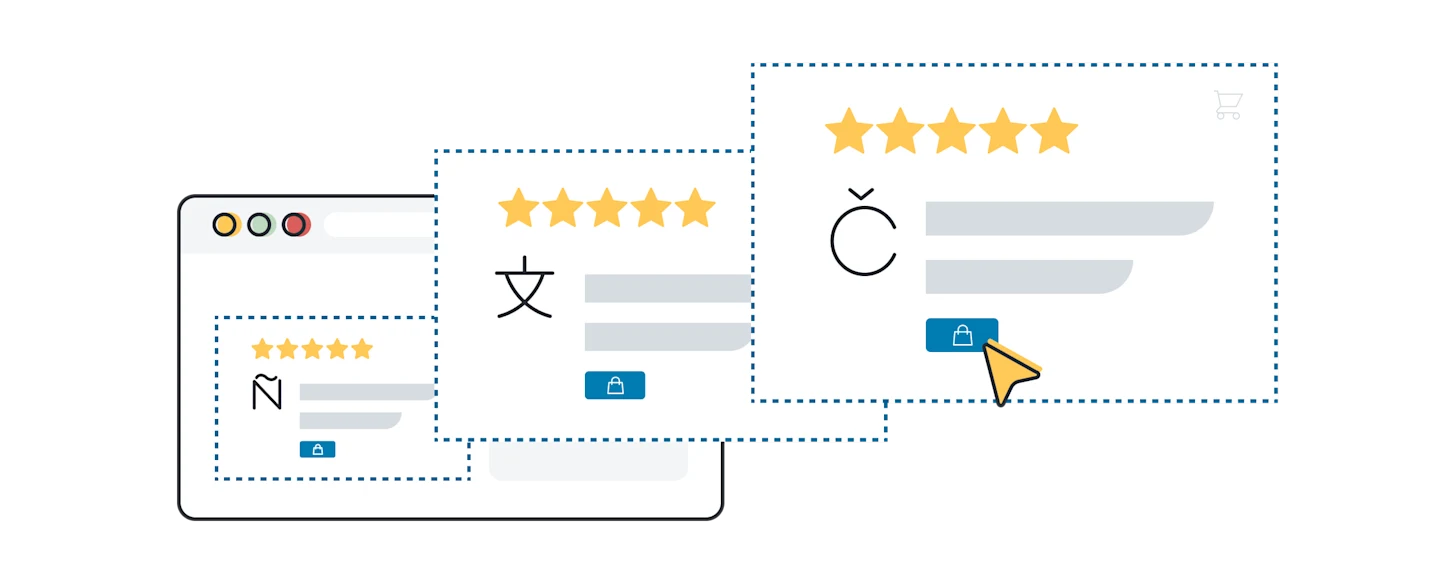 illustration of three websites showing the localization process and machine translation 