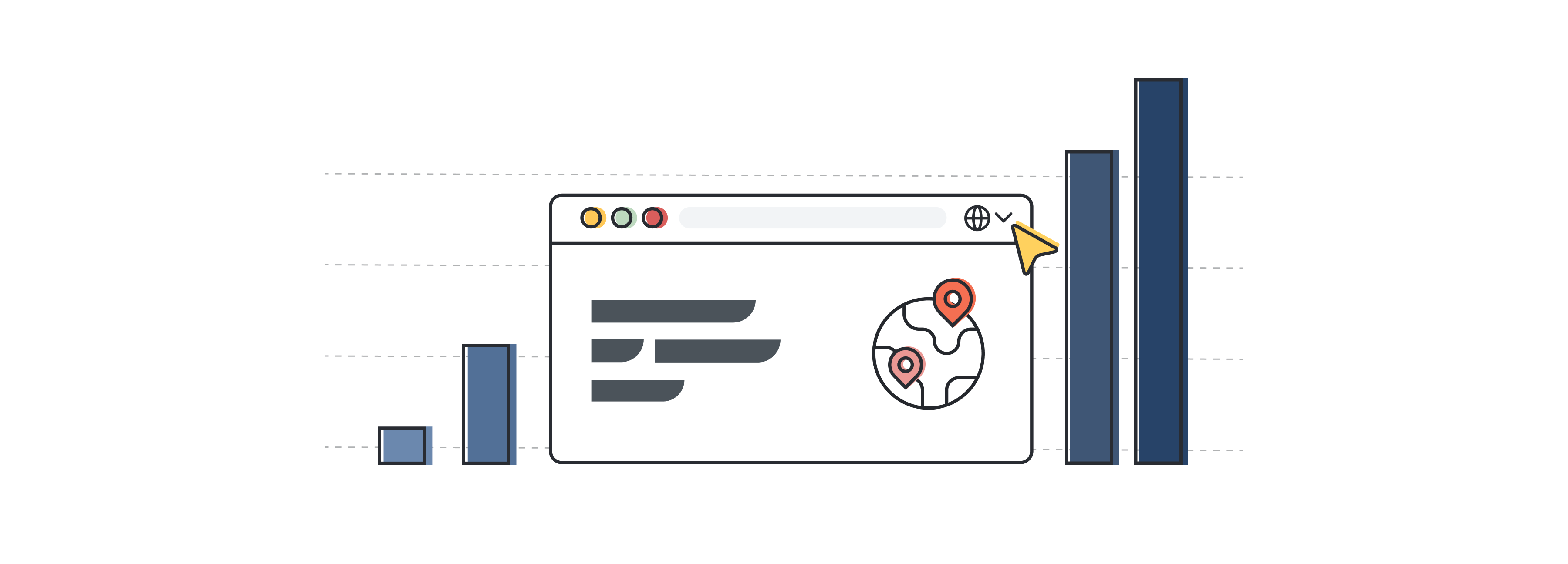 Ilustração de uma interface de um site, que representa a indústria da localização e da tradução, com barras que simbolizam o crescimento