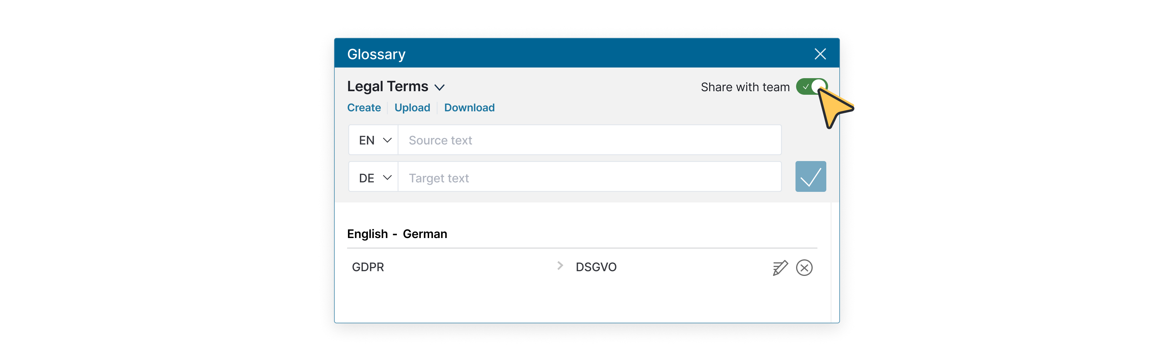 The glossary UI depicts an entry for Legal Terms with the source text as English and the target text as German. The English acronym "GDPR" is then set to always translate to DSGVO in German. On the top right a cursor toggles the button "Share with team" so colleagues can use this same entry as well.