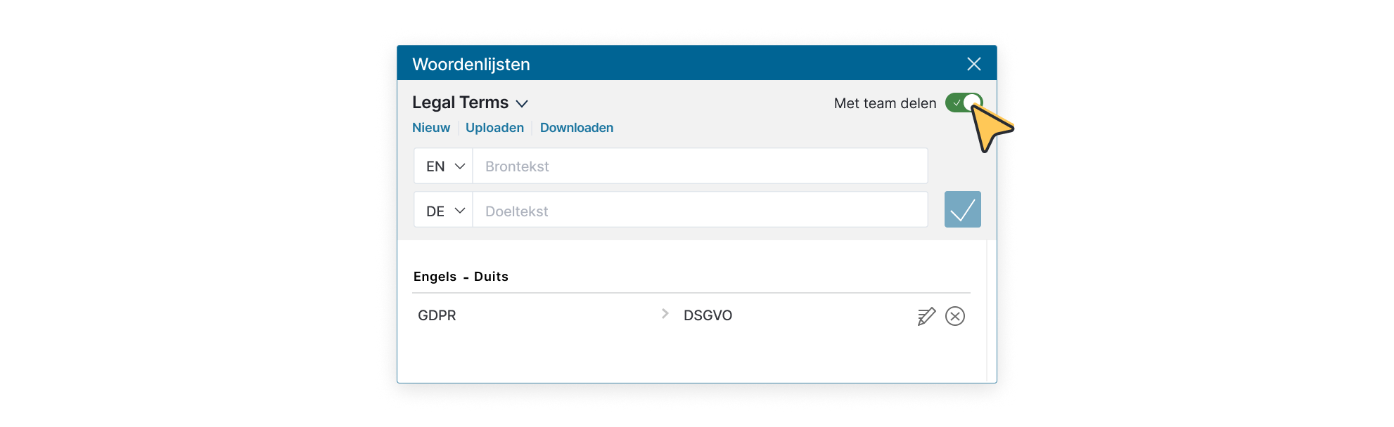 De gebruikersinterface laat een item uit de woordenlijst "Legal Terms" zien met Engels als brontaal en Duits als doeltaal. De opgestelde vertaalregel schrijft voor dat de Engelse afkorting "GDPR" in het Duits altijd moet worden vertaald als "DSGVO". In de rechterbovenhoek is te zien dat de optie "Met team delen" is ingeschakeld, zodat de rest van het team deze woordenlijst ook kan gebruiken.