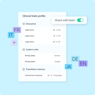 Interfaccia utente che mostra i glossari, le regole personalizzate e la memoria di traduzione per italiano, francese, giapponese, tedesco e inglese.