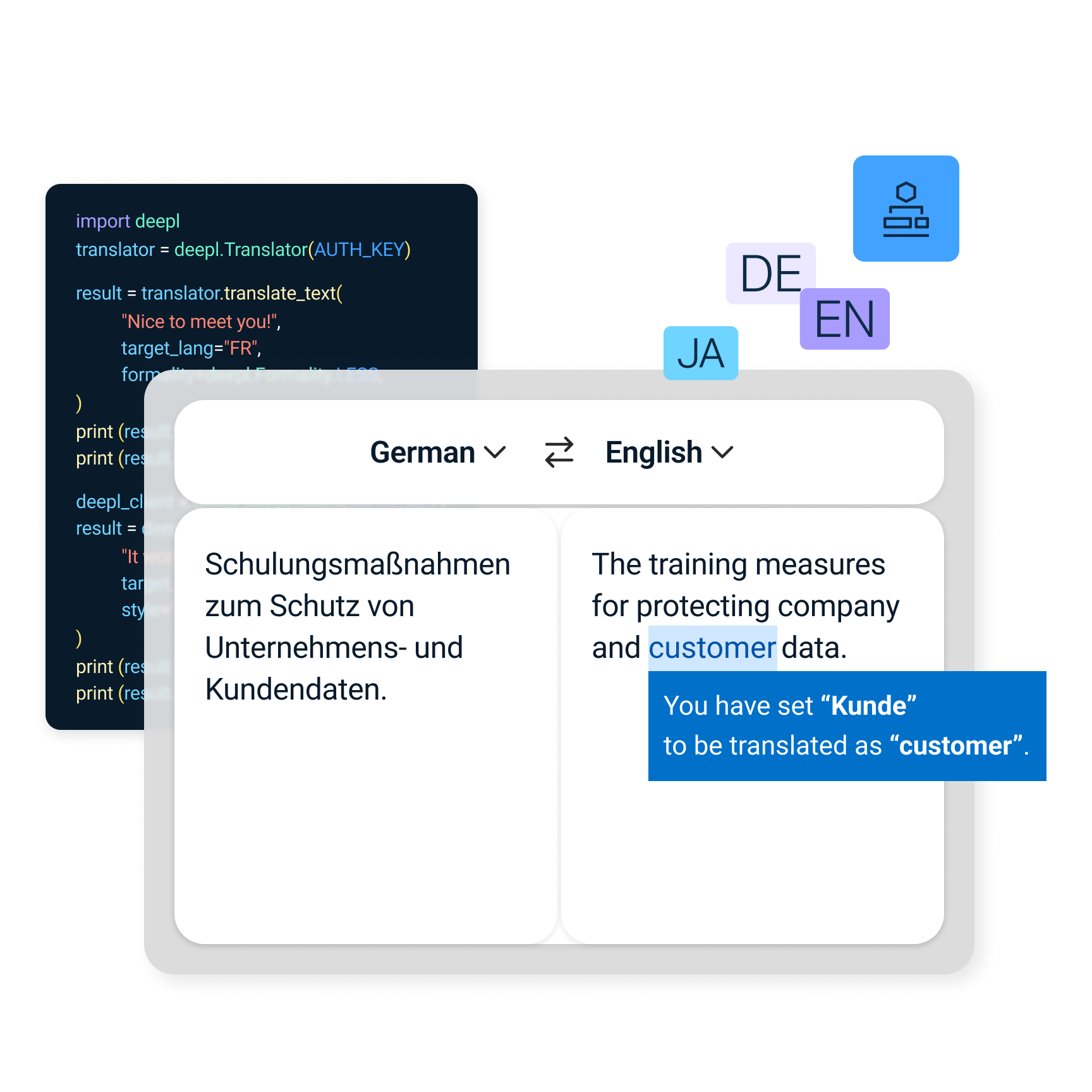 UI showing API integration for glossaries with German and English focusing on the word "Kunde being set to be translated to the word customer.